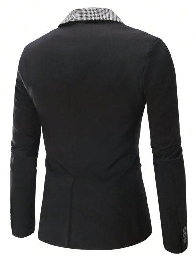 Men'S Houndstooth Pattern Spliced Long Sleeve Blazer