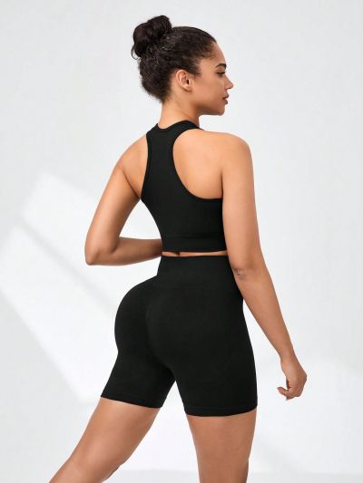 SHEIN Women's Solid Color Tight Tank Top And Shorts Sports Outfit