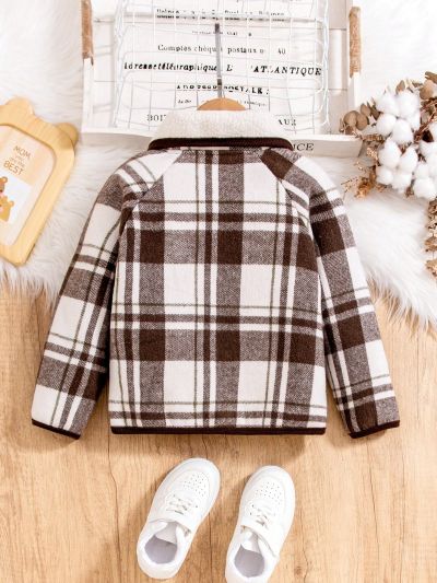 SHEIN Kids EVRYDAY Boys' Checked Plaid Insert Padded Jacket With Raglan Sleeves