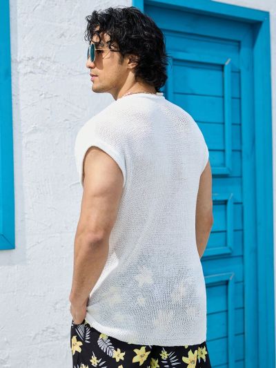 Men'S Hollow Out Round Neck Short Sleeve Knitted Top