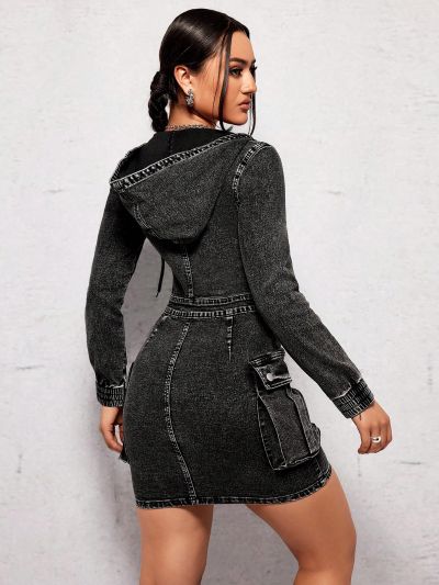 SHEIN ICON Hooded Cargo Denim Dress