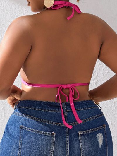 SHEIN Swim Basics Plus Size Coconut Tree & Embossed Triangle Cup Bikini Top