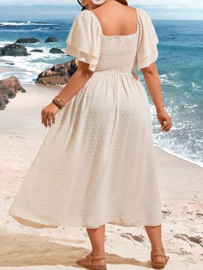 SHEIN VCAY Plus Size Women's Jacquard Fringe Hem Dress With Flounce Sleeves