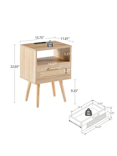 Solid Wood+MDF 15.75" Rattan End table with Power Outlet & USB Ports , Modern nightstand with drawer and solid wood