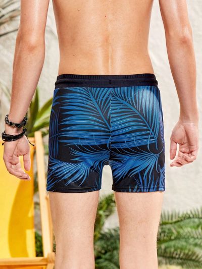 SHEIN Teens' Leisure Comfortable Tropical Printed Square Leg Swim Trunks