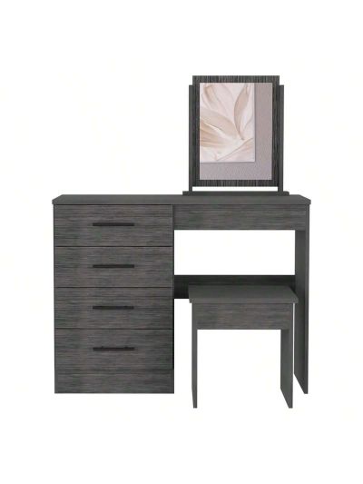 Makeup Vanity, Four Drawers, One Mirror, Stool -Smokey Oak