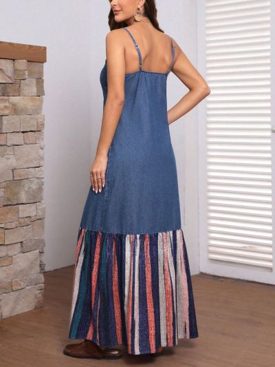 SHEIN LUNE Women'S Striped Colorblock Denim Cami Dress