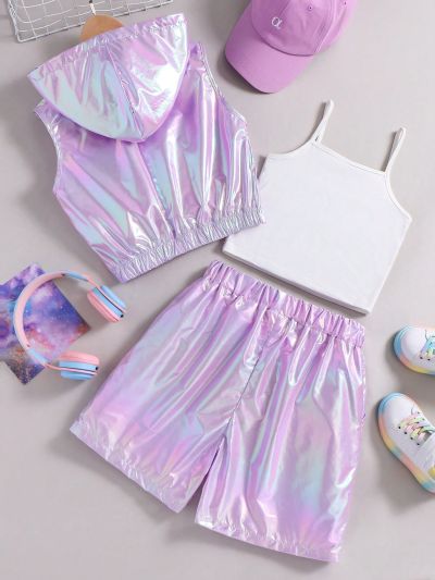 Teen Girls' Laser Reflective Zipper Front Hooded Vest And Shorts Set