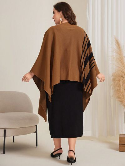 Plus Size Monochrome Sweater And Striped Shawl Set