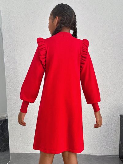 SHEIN Kids Cooltwn Girls' High Neck Long Sleeve Sweater Dress With Ruffled Hemline