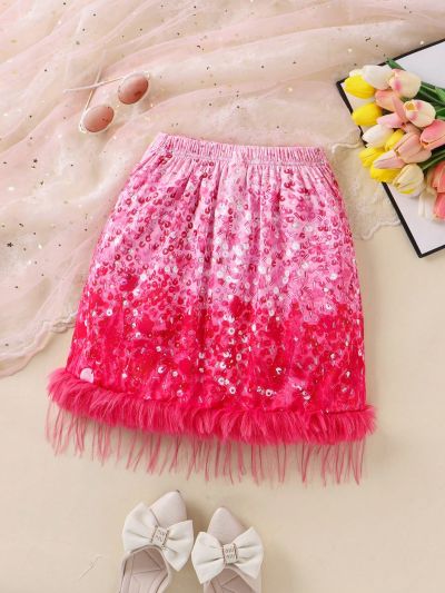 SHEIN Kids EVRYDAY Girls' Pink Sequin Print Party Skirt For Spring/Summer
