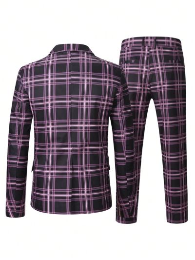 Men Plus Plaid Print Blazer & Suit Pants