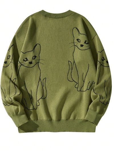 Extended Sizes Men's Plus Size Cat Embroidered Crew Neck Sweater
