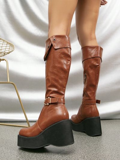 Western Cowgirl Knee High Platform Chunky Heel Riding Boots For Women