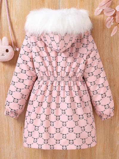 SHEIN Kids KDOMO Girls' Pink Fleece Teddy Coat With Oversized Collar