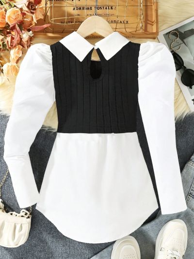 Teen Girls' Sweet & Elegant Two-Tone Bubble Sleeve Shirt