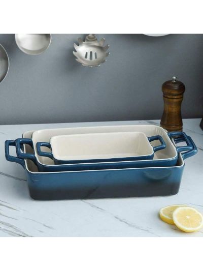 Bakeware Set, Ceramic Baking Dish, Rectangular Baking Pans Set, Casserole Dish for Cooking, Cake Dinner, Kitchen, Wrapping Upgrade, 12 x 8.5 Inches, 3-Piece (Gradient Blue)