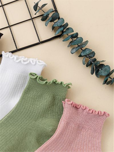 4pairs Solid Lettuce Trim Crew Socks