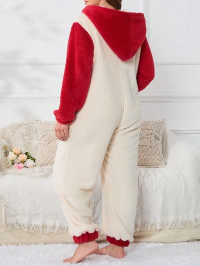 Plus Colorblock Hooded Zipper Front Flannel Sleep Jumpsuit