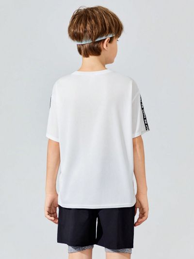 SHEIN Tween Boys Loose Fit Casual Round Neck Short Sleeve Sports T-Shirt With Letter Print