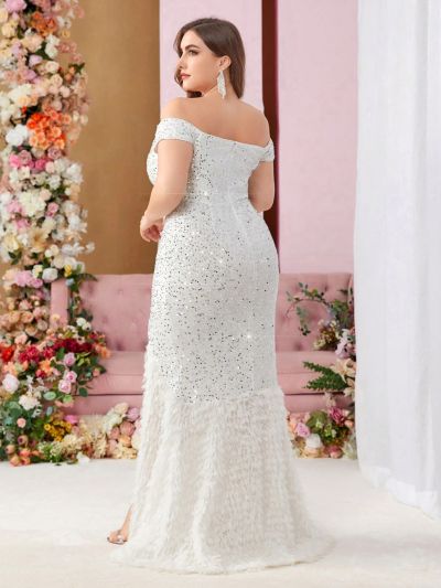 SHEIN Belle Sparkling Sequin & Rabbit Hair Fabric Patchwork Off Shoulder Plus Size Evening Dress With High Slit (Heavy Style)