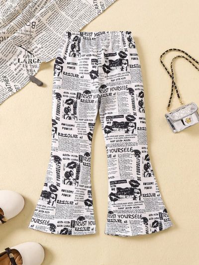SHEIN Kids HYPEME 1pc Toddler Girls' Street Style Lip & Letter Printed Bell Bottom Pants For Spring/Autumn