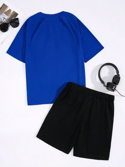 SHEIN Teen Boys' Casual Comfortable English Print Short Sleeve T-Shirt With Side Logo & Novelty Print Accents, Color-Block Sports Shorts Suit