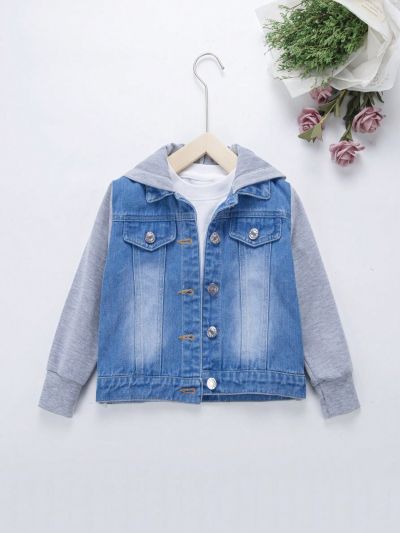 Young Girl Embroidery Cartoon Pattern Colorblock Hooded 2 In 1 Denim Jacket