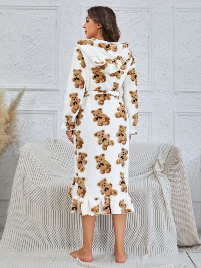 Bear Print Flounce Sleeve Ruffle Hem Belted Lounge Robe