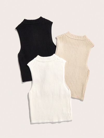 SHEIN Essnce Women'S Ribbed Knitted Top Set (3pcs)