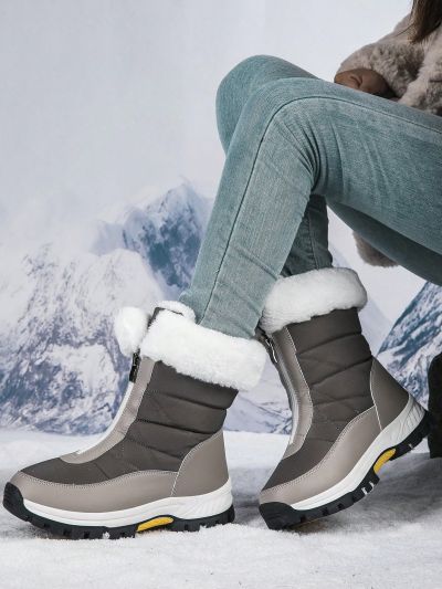 Gray Zipper Mid-calf Boots With Fleece Lining, Warm Outdoor Hiking Shoes
