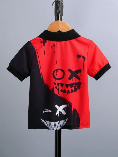 SHEIN Kids QTFun Toddler Boys' Color Blocking Expression Printed Short Sleeve Polo Shirt For Summer