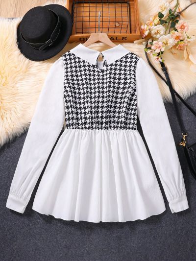 Teenage Girls' Plaid Pattern Long Sleeve Shirt With Bow Tie