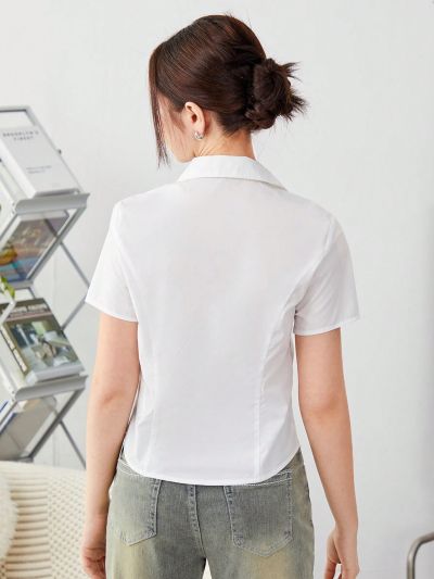 SHEIN Teen Girls' Solid Color Short Sleeve Casual Shirt With Pleated Front