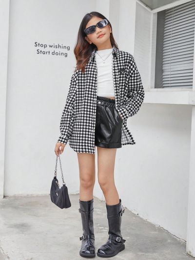 SHEIN Kids KDOMO Tween Girl Houndstooth Pattern Drop Shoulder Blouse