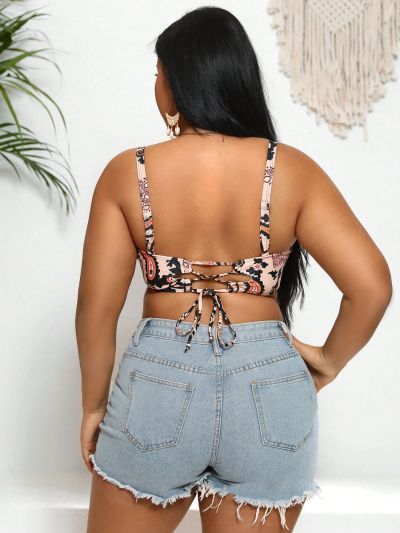 SHEIN Swim BohoFeel Plus Size Women's Printed Handkerchief Hem Tankini Top