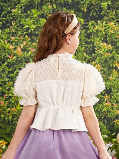 SHEIN Kids FANZEY Tween Girls' Frill Collar Bubble Sleeve Checkered & Tweed Mix Blouse With Button And Ruffle Hem Detail