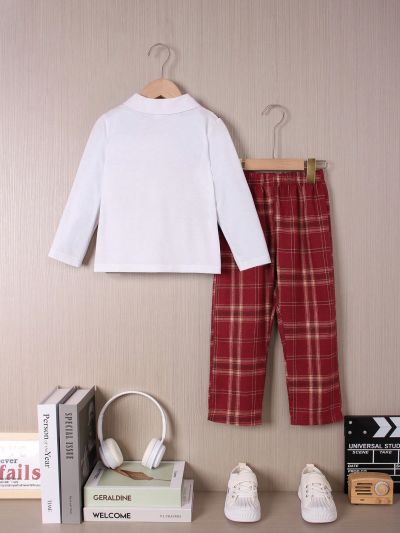 Young Boy Plaid Pattern Long Sleeve 2-In-1 Shirt And Pants Set