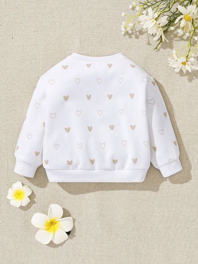 SHEIN Newborn Baby Girls' Heart-Shaped Pattern Drop Shoulder Round Neck Sweatshirt