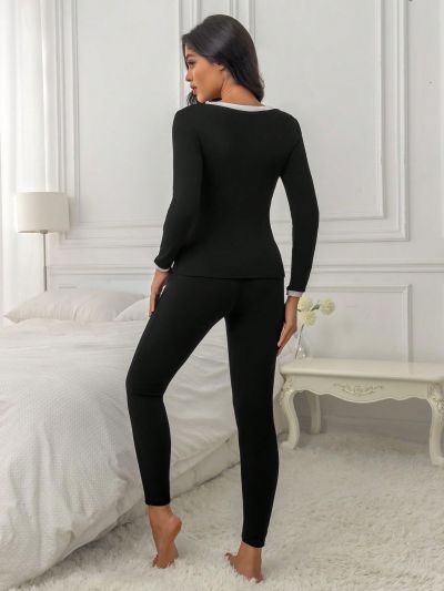 Contrast Trim Thermal Underwear Set