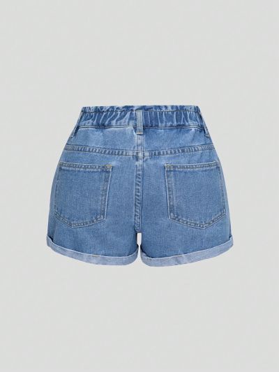 Tween Girls' Denim Shorts With Multiple Buttons And Rolled Hem In Washed Blue Color