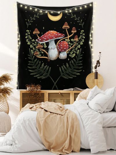 Babi Brunelio 1pc Retro Watercolor Hand-Painted Mushroom Plant Tree Leaf Moon Pattern Printed Polyester Tapestry, Suitable For Daily Living Room Bedroom Wall Decoration, Camping Decoration, All Seasons Tapestry