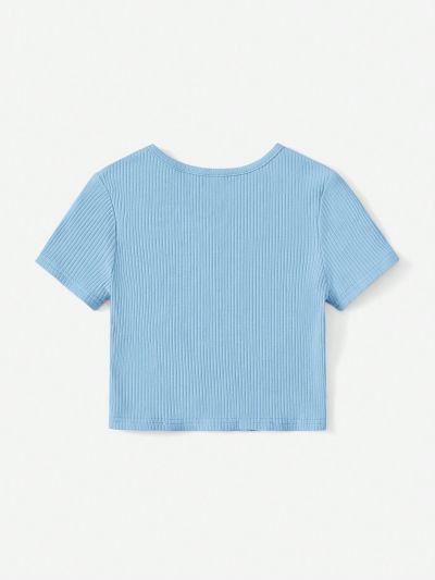 SHEIN Kids Y2Kool Young Girls' Casual Cute Flower Embroidered Short Sleeve T-Shirt