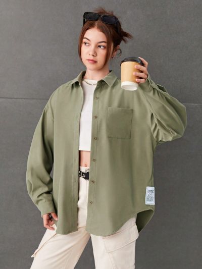 SHEIN Teen Girls' Woven Label Letter Patterned Casual Long Sleeve Shirt