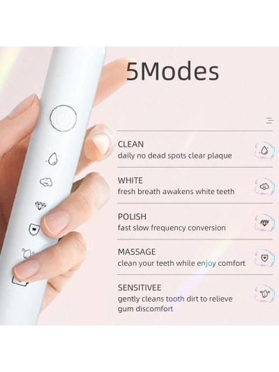 1pc Electric Toothbrush With 6 Replacement Brush Heads, Usb Rechargeable, 5 Cleaning Modes, Including Bathroom Wall-mounted Toothbrush Holder, Travel Toothbrush Head Caps (portable Protective Caps), Sonic Smart Toothbrush Ipx7 Waterproof, Whitening