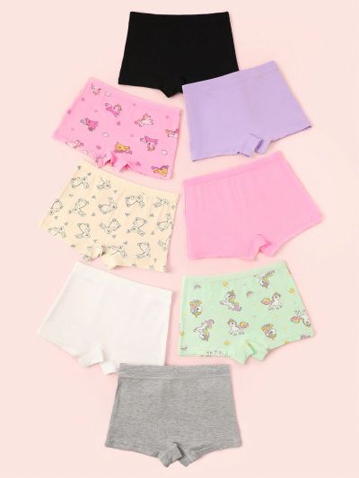 Young Girls' 8pcs/Set Cartoon Printed Panties And Bowknot Decorated Solid Color Panties