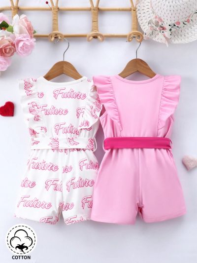 Baby Girls' Spring/Summer 2-Piece Set, Pink Letter Printed Elegant, Romantic And Cute Daily Casual Jumpsuit