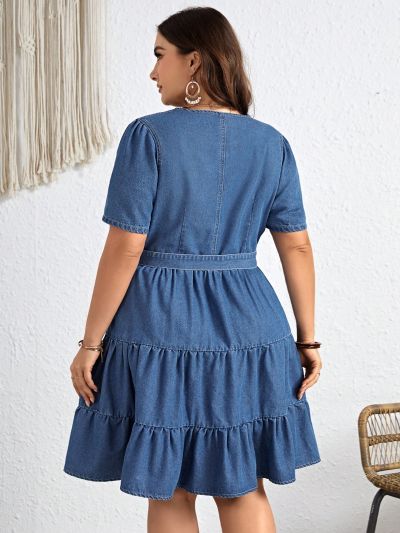 SHEIN VCAY Plus Size Women's Loose Short-sleeved Wrap Denim Dress With Waist Belt