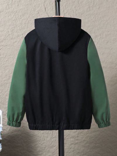 Teen Boys' Hooded Jacket With Letter Print And Color Block Design