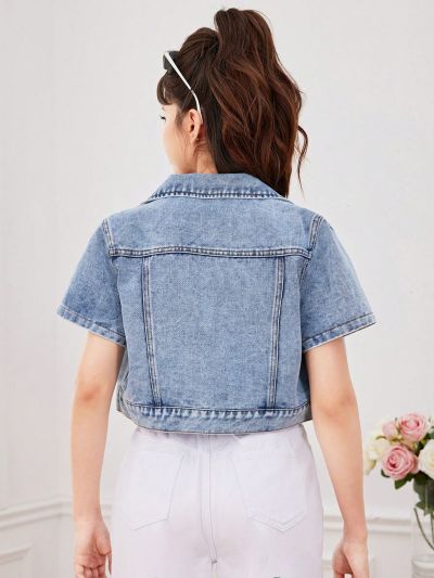 Teenage Girls' Vintage & Personality & College Wind & Regular Shoulder Width & All-Match & Simple Washed Short Denim Jacket